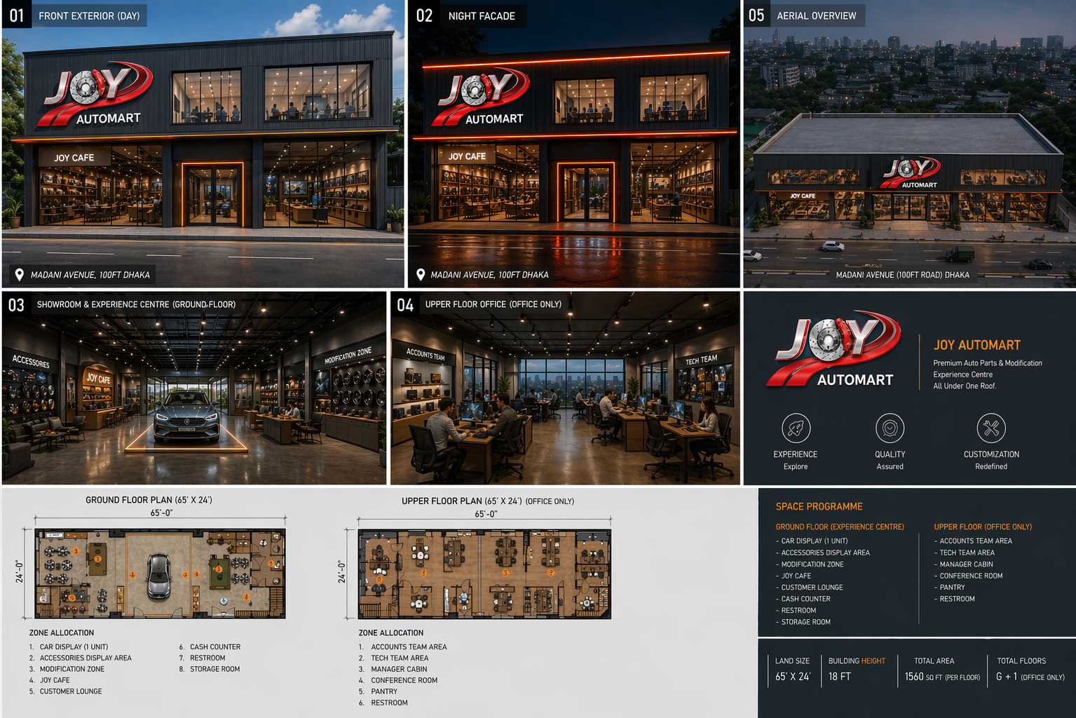 Front elevation · interior perspective · mezzanine · ground floor plan · building section
